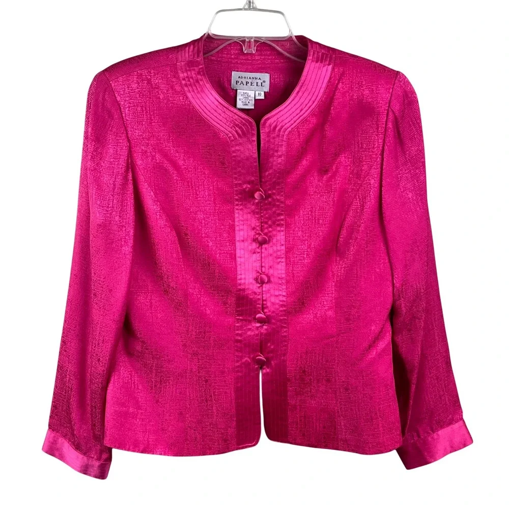 Adrianna Papell Hot Pink Two Piece 100% Silk Satin Buttons Skirt Suit Asian 10 - Picture 4 of 9